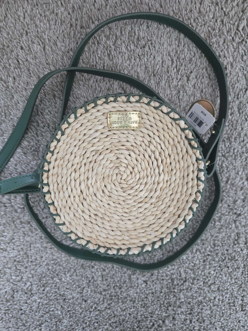 Mini Straw Round Crossbody Bag with Green Trim